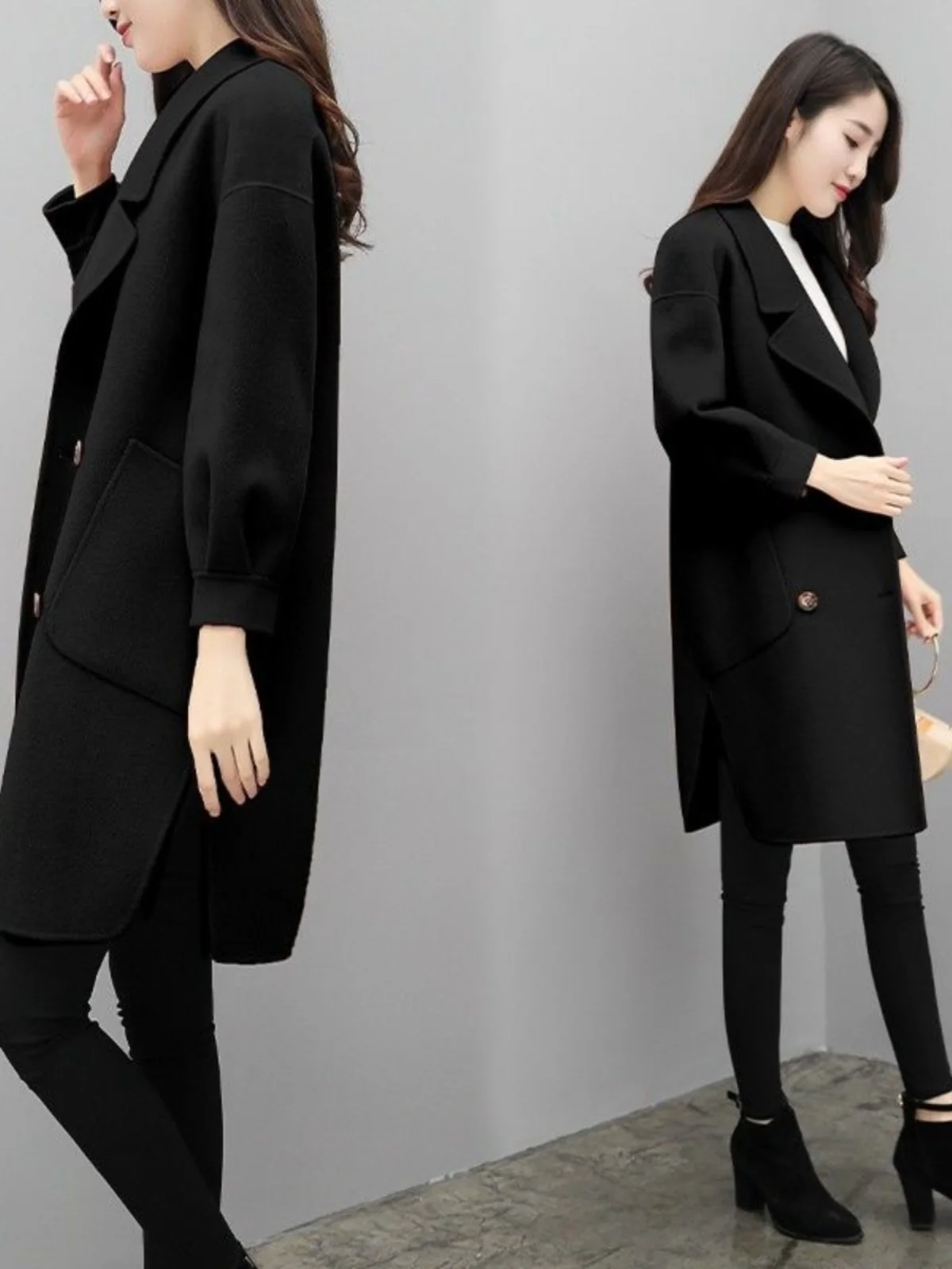 معطف صوفي بنفسجي نسائي خريف وربيع 2024 نسخة كورية جديدة متوسط الطول بأكمام فانوس