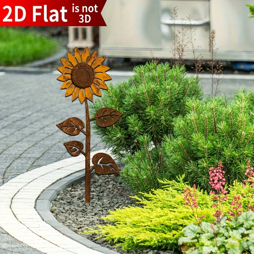 2Pcs Sunflower Metal Garden Columns, 2D Flat Plant and Flower Iron Art Decorations, Suitable for Courtyard, Terrace, Potted Plants, Fences, Outdoor Lawn Decoration, Halloween, Independence Day, and Father's Day Garden Decorations