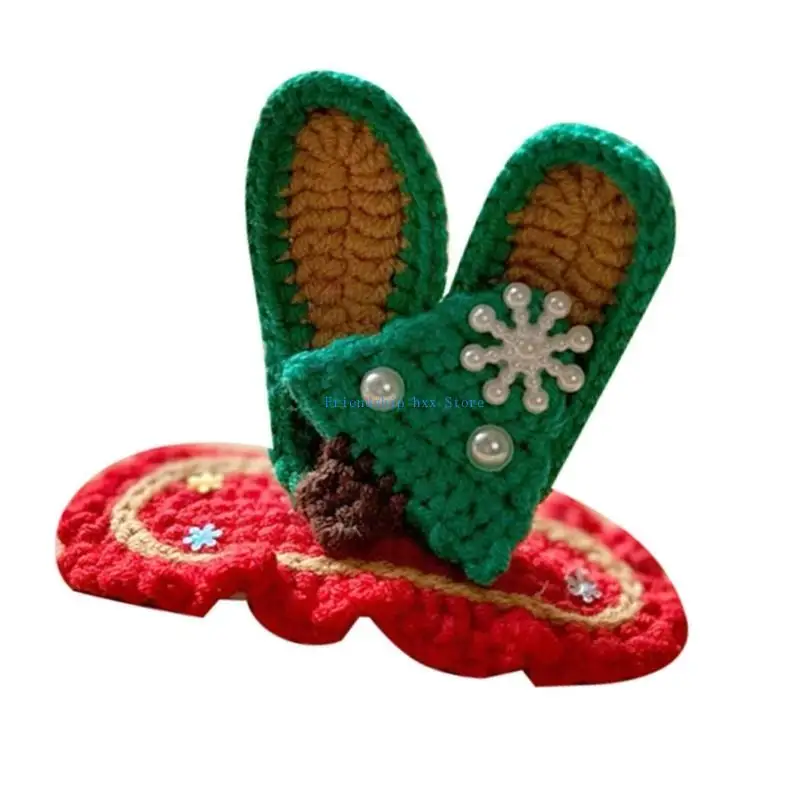 F1CB Kids Christmas Hair Clip Rabbit Ears Hairpin Handmade with Wools for Little Girl
