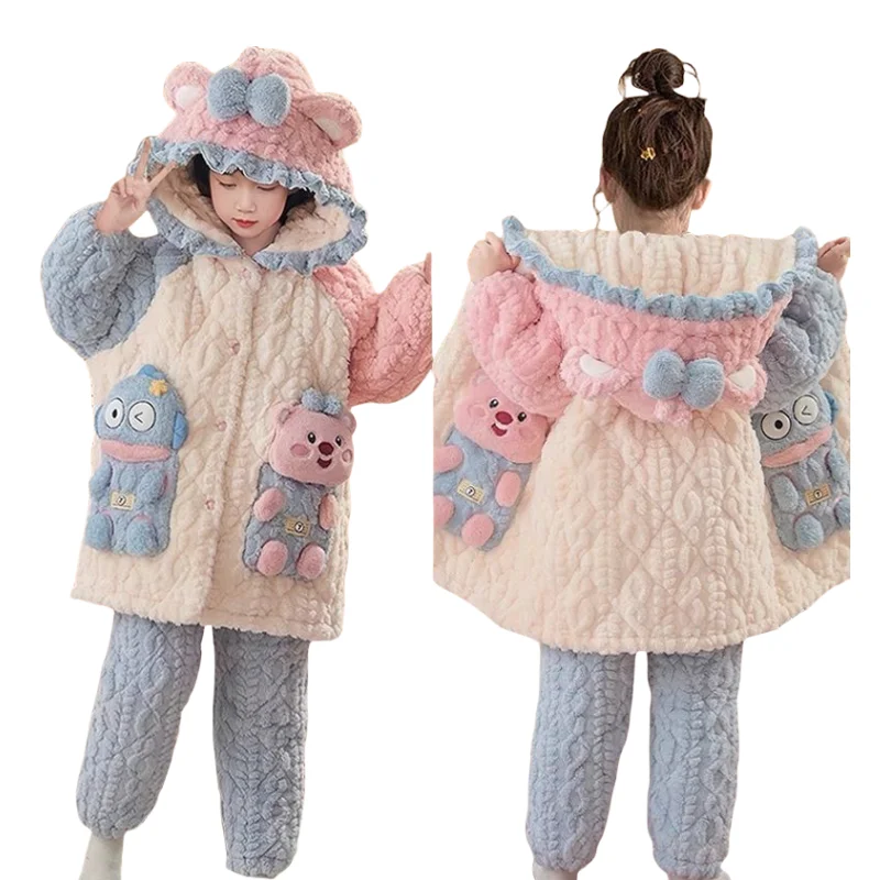 Sanrio hangyodon pijamas femininos criativos de alto valor outono e inverno animação dos desenhos animados engrossado roupas para casa terno exterior