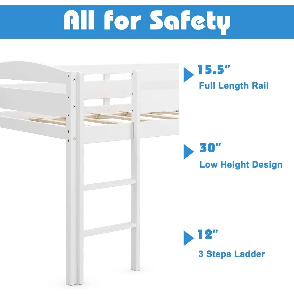 Twin Loft Bed, Solid Wood Low Loft Bed w/Guard Rail and Ladder, Boys & Girls Twin Bed for Kids Room, No Box Spring Needed