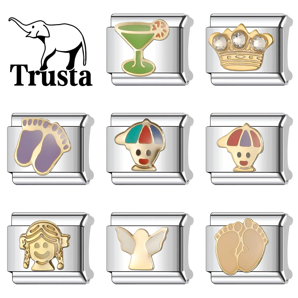Trusta 2024 New Romantic Crown Boys Girls Charm Italian Links 9mm Bracelet Stainless Steel For Women DIY Jewelry Wholesale N052
