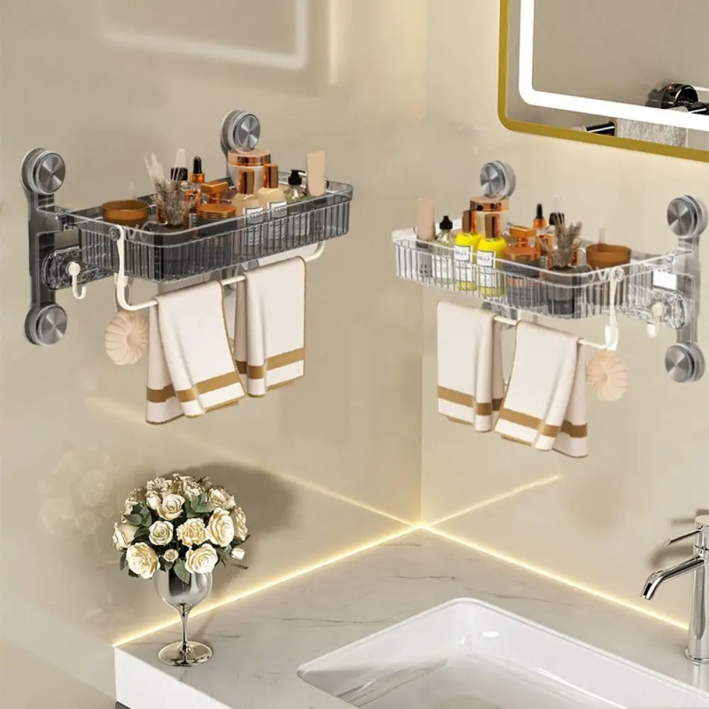 

Wall Mounted Suction Cup Bathroom Shelf Large Capacity Space Saving Toilet Storage Racks Plastic with Towel Shelf and Hooks