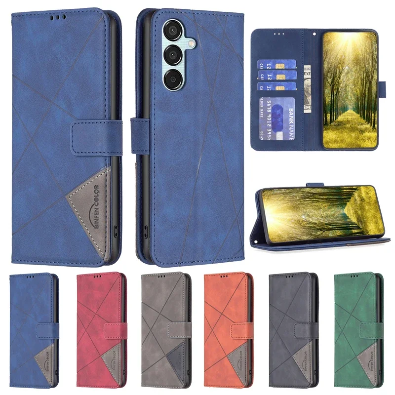 Flip Leather Wallet Cover Case on For Samsung Galaxy M15 A15 4G A35 A25 A05 A05S A55 5G M156 Geometric Phone Bags Protect Cases