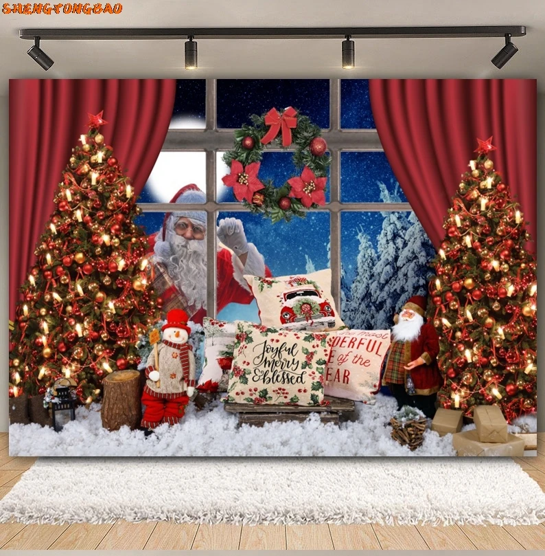 Christmas Backdrop Xmas Tree Winter Window Fireplace Santa Claus Gift Family Portrait Photography Background Decor Photo Studio