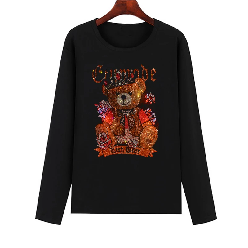 

Cute bear series diamond drawing hot diamond women's T-shirt spring, autumn and winter ladies leisure T-shirt