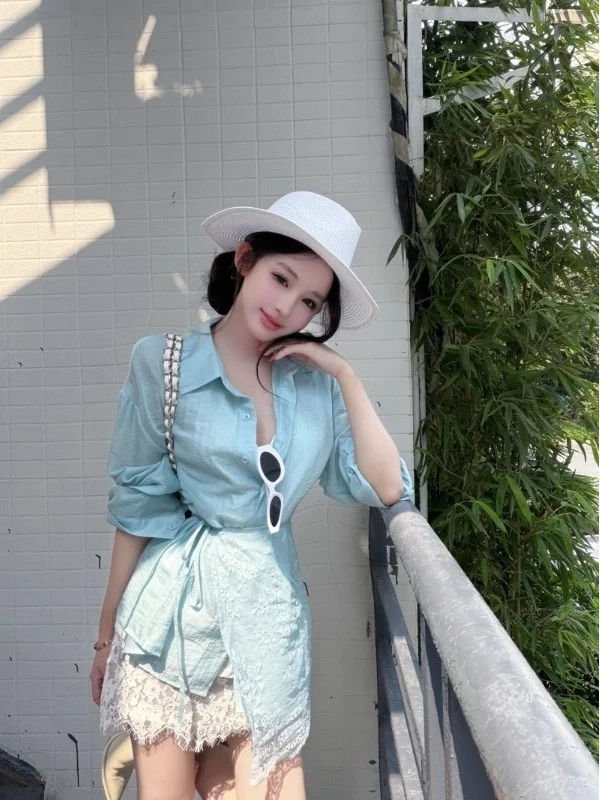 

Fashionable Korean Style Lace Trim Blouse And Short Skirt Set Women's Clothing Belted Shirt with Ruffle Hem Two Piece Ensemble