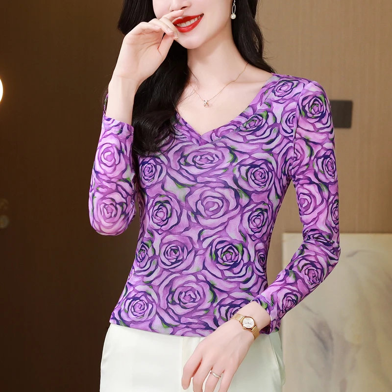 

2025 Trendy V-Neck Mesh Blouse: Women's Floral Print Slimming Long Sleeve T-Shirt, Chic Base Top for Fall Winter Layering