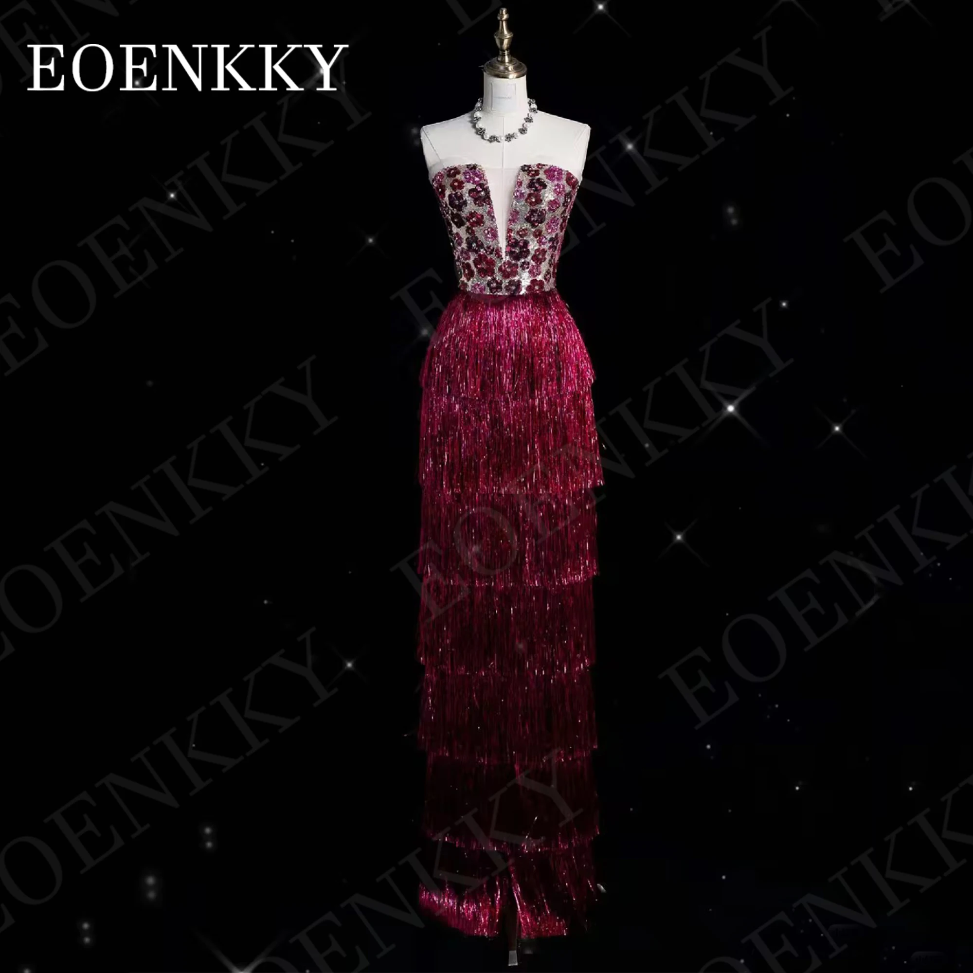 EOENKKY Mermaid Evening Dresses Woman Luxury Dubai Tiered Tassels Sleeveless Pageant Dress Strapless Sequined Flowers Fuchsia