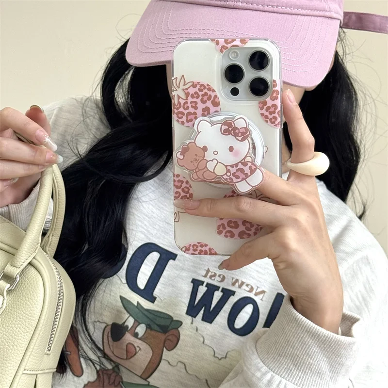 

Korean Cute Leopard Print Strawbrry Hellokitty Magnetic Phone Case For iPhone 17 16 Pro 16 14 Pro Max Cover Cartoon Cases