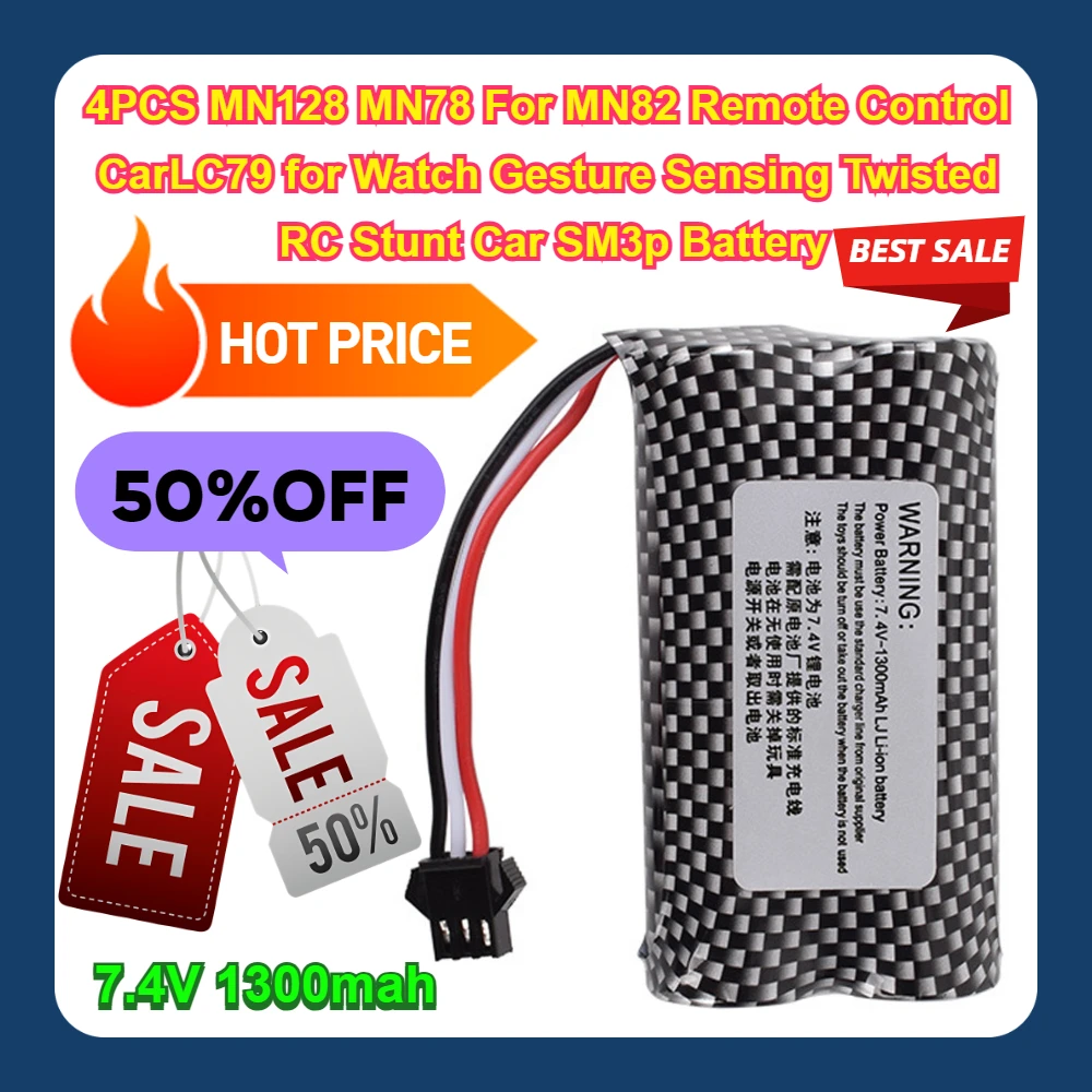 7.4V 1300mah 4PCS MN128 MN78 For MN82 Remote Control CarLC79 for Watch Gesture Sensing Twisted RC Stunt Car SM3p Battery