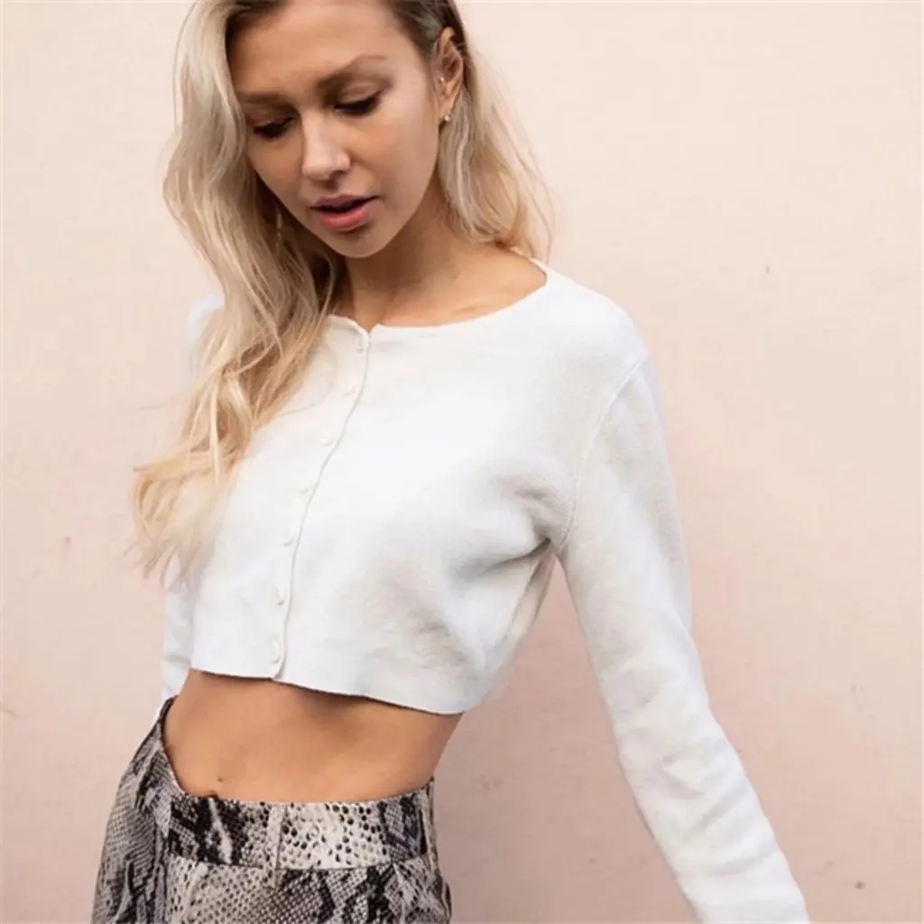 

Women's Retro Crewneck Short Knitted Cardigan Sweater European American Style Navel-Length D +19826