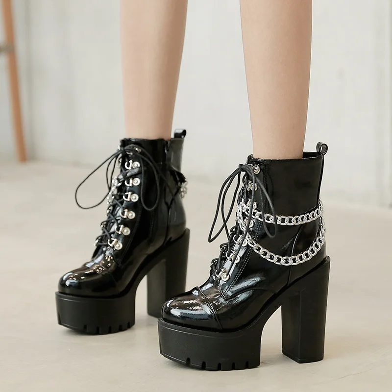 

Gothic Punk Boots Fashion Patent Leather Short Boot Metal Chain Design High Heels Boots for Women Side Zip Thick-heel Ankle Boot