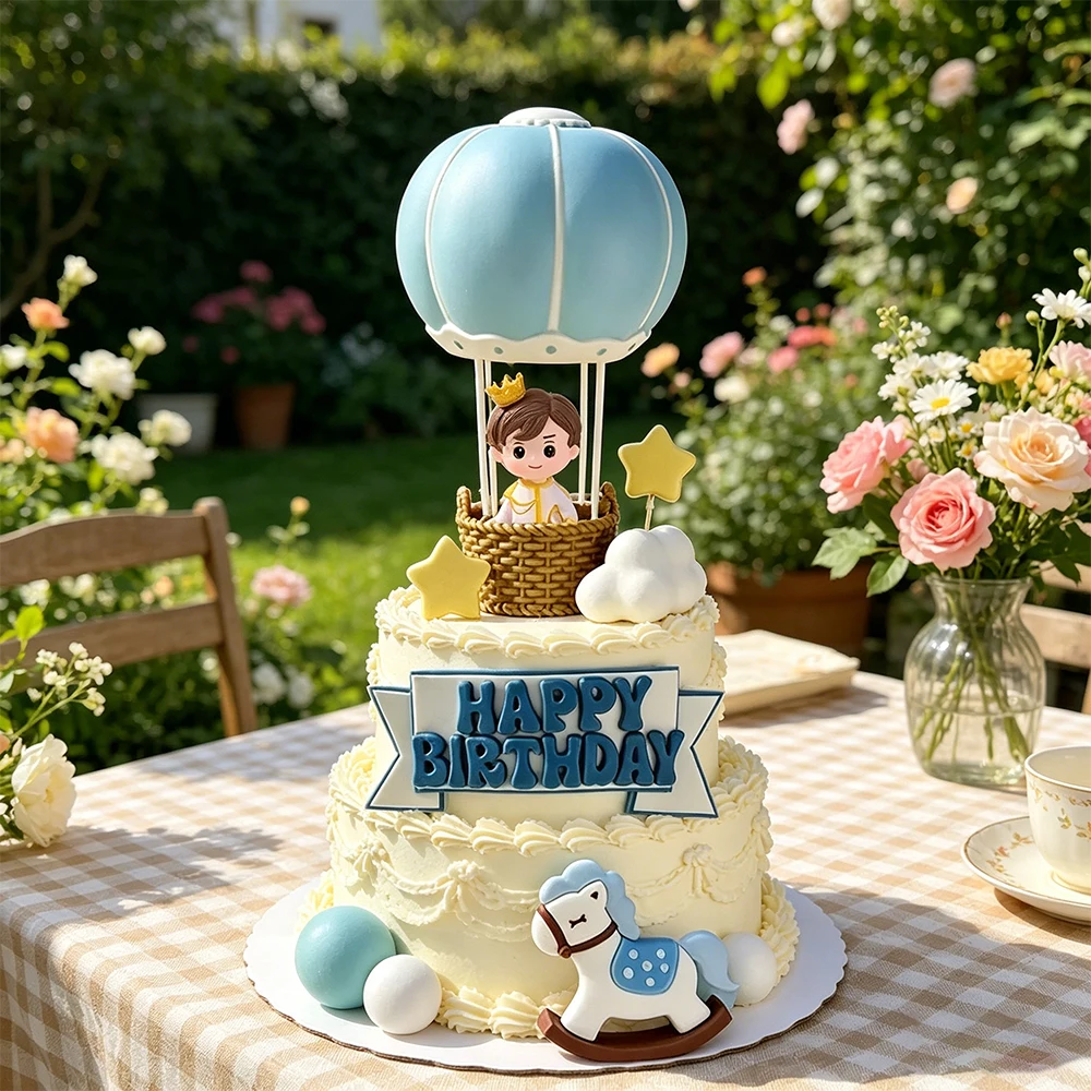 Adorno para Pastel de Cuento de Hadas con Diseño de Globo Aerostático y Caballo de Troya para Baby Shower, Fiesta de Cumpleaños Infantil, Kit de Decoración para Pastel