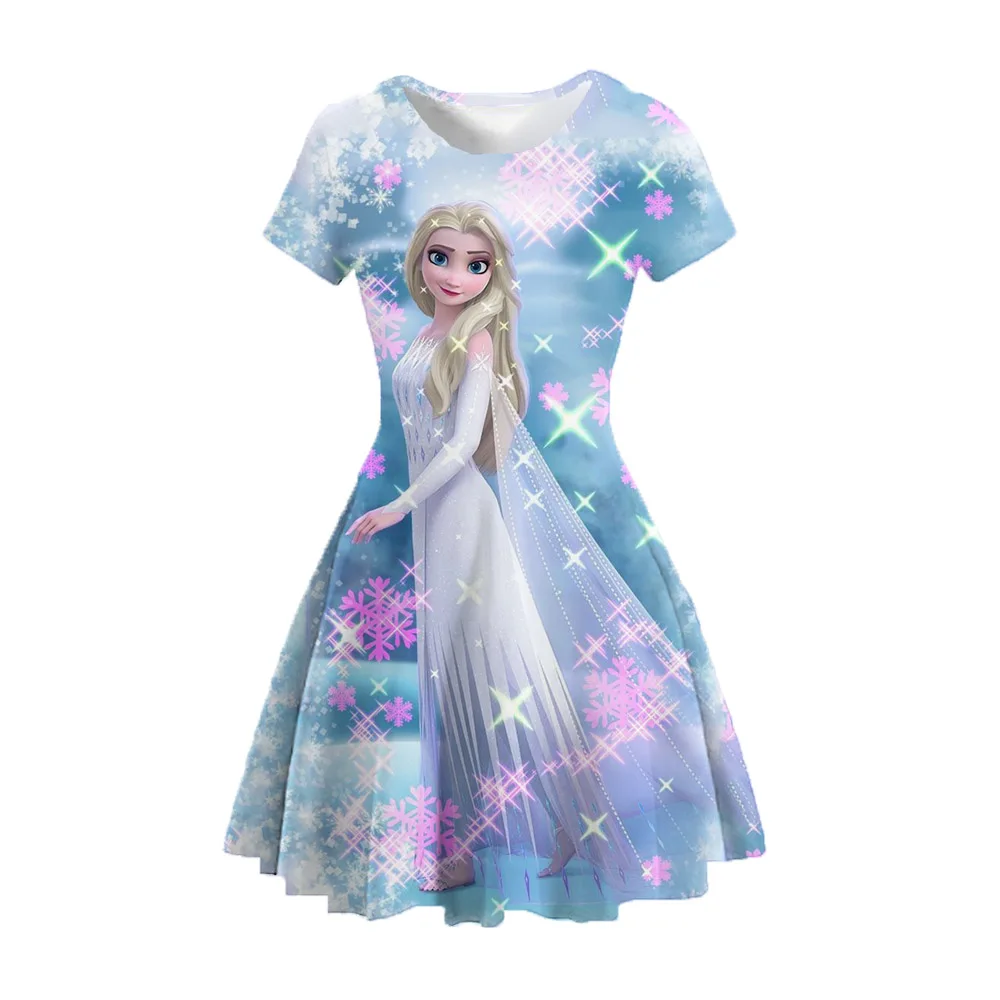 Disney Mädchen Kurzarm Kleider Eis Prinzessin Elsa bedruckte Kleider Sommer Straße Mädchen A-Linie Kleider 2 ~ 15y Kinder Anime Kleid