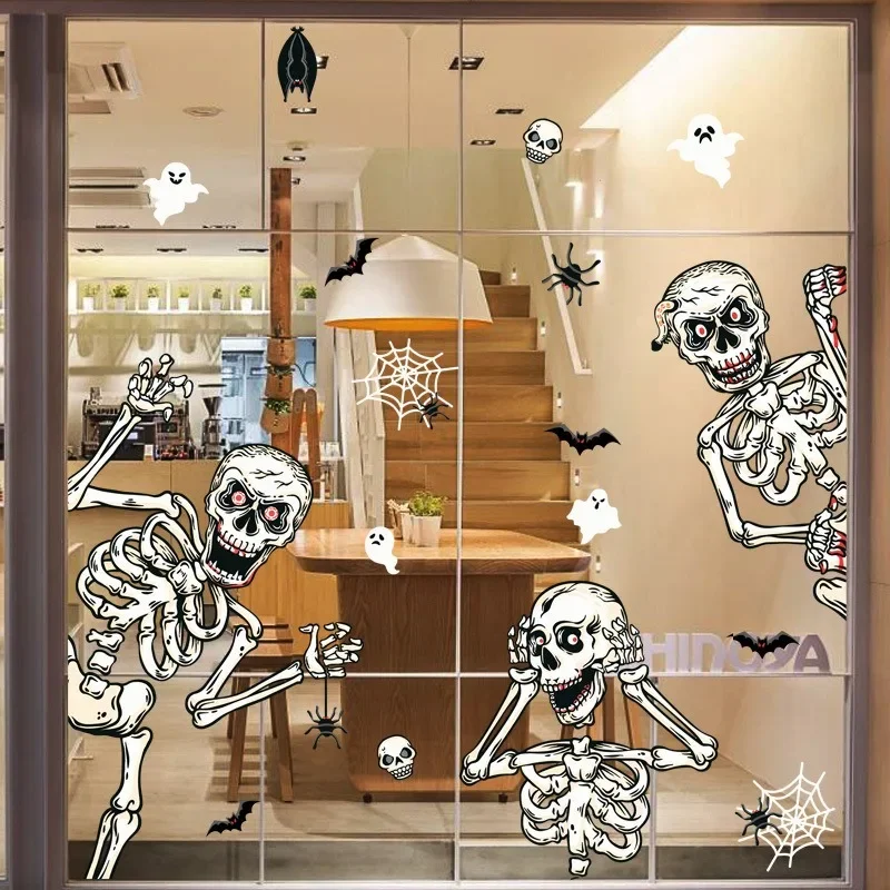 Halloween Static Window Stickers Terrifying Skeleton Man Skull Sticker Happy 2024 Halloween Party Decor For Home Kids Favor