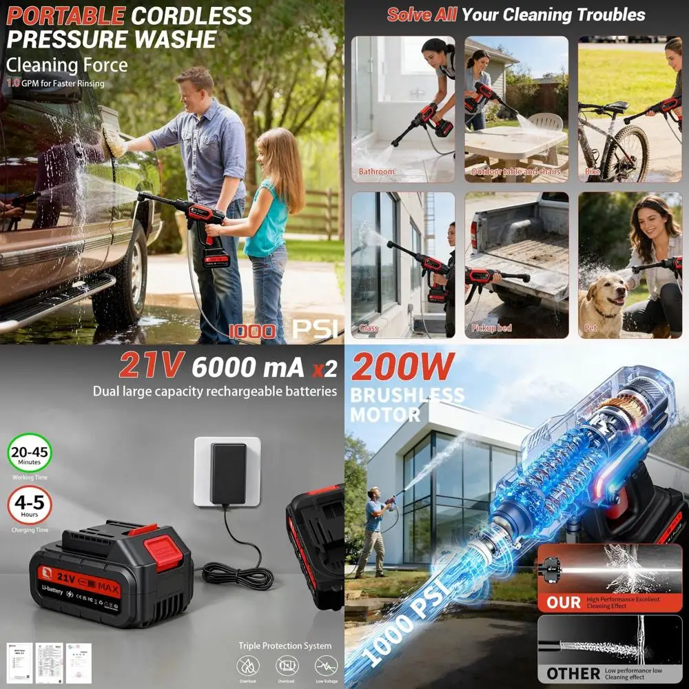 

Портативная мойка высокого давления 1000 PSI, 2 аккумулятора 21В, насадка 6-в-1, шланг 17 футов, идеально подходит для уборки дома, сада и автомобиля