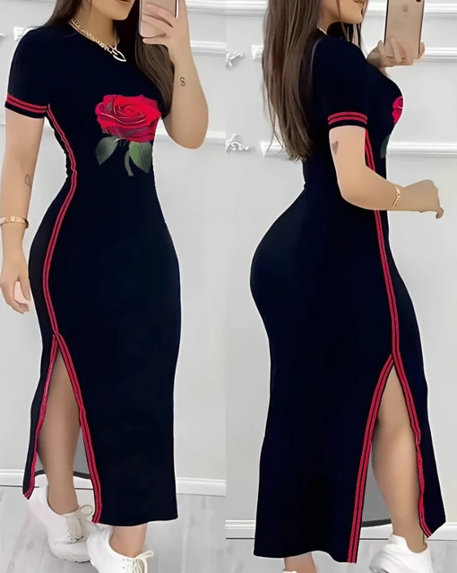Sukienki damskie 2024 Summer Fashion Striped Rose Print Side Slit Casual O-Neck Short Sleeve Skinny Daily A Line Long Dress