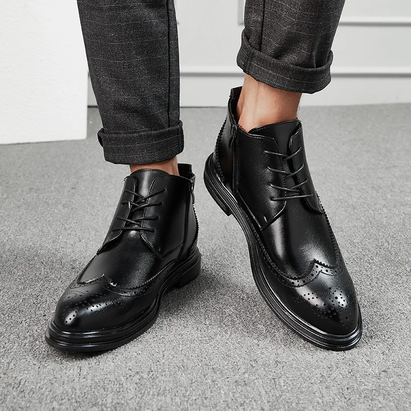 

New Men High Top Boots with PU Pointed Toe Comfortable Retro Fashion Side Zipper Mid Top Business Casual and Formal Men Boots