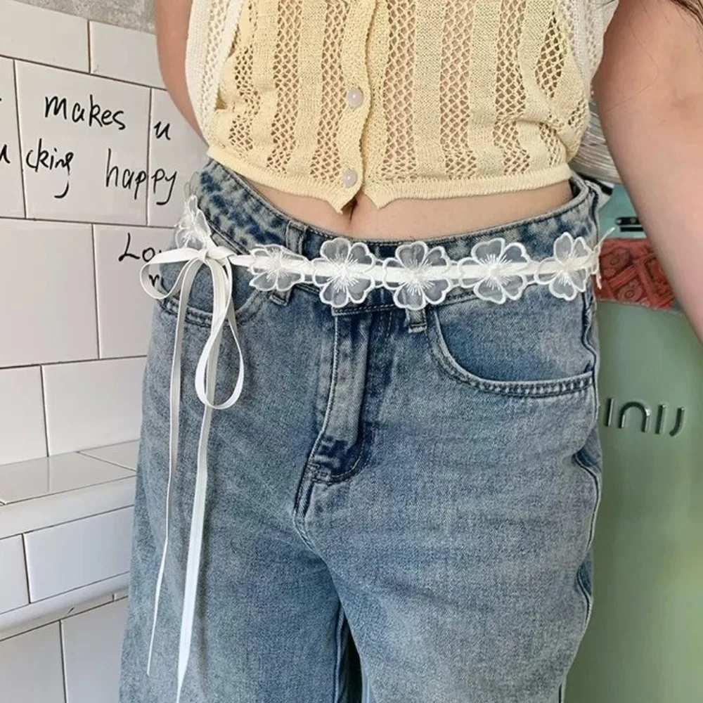 أزياء Y2K الدانتيل حزام الكورية نمط الأزهار زهرة حزام الخصر ربط فستان رقيق حزام الجينز الشارع الشهير