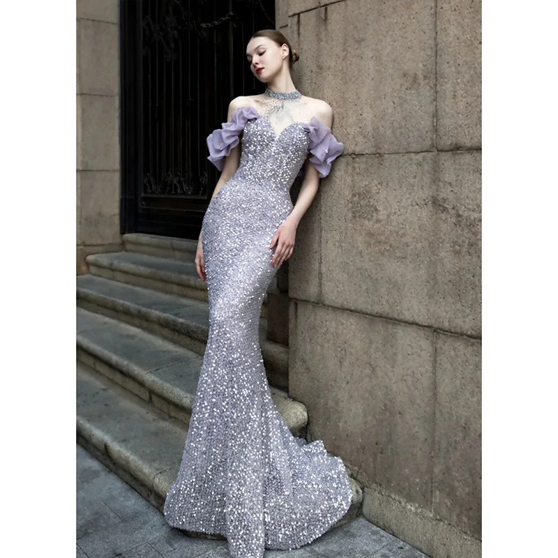 Halter Formal Evening Dress 2024 New Shining Women\'s Annual Banquet Purple Mermaid Prom Party Dress Robes  Soirée Customized