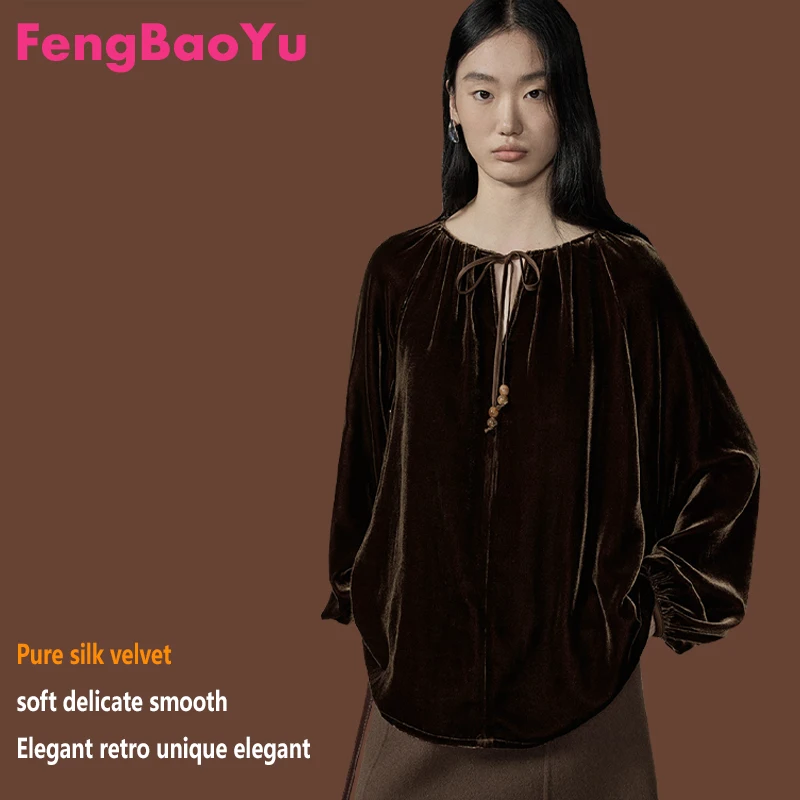 

Fengbaoyu Luxury Style Silk Velvet Women's T-shirt Bubble Long-Sleeved Retro V-Neck Blouse Loose Large Size Women's Clothing