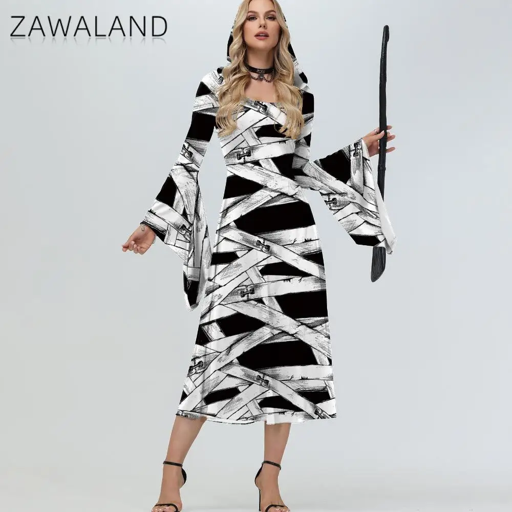 

Zawaland Halloween Mummy Ptinted Cosplay Costume Dresses Woman Medieval Retro Horror Hoodie Witch Vampire Party Clothing Dress