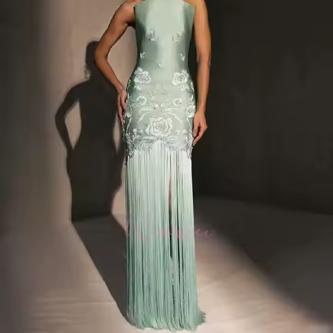 1Customized Evening Dresses Elegant Embroidery Tassel Satin Evening Dress Fashion Strapless Straight Sleeveless Floor Length