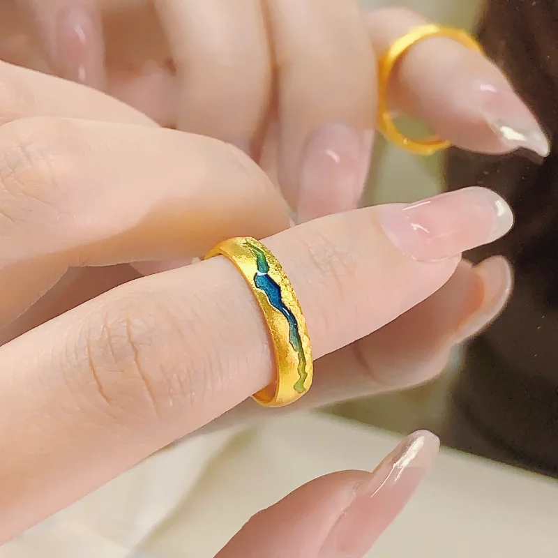 Enamel Artisan Crafted Modern Chinese Style Couple Rings Matching Set Traditional Technique Premium Minimalist Versatile Jewelry