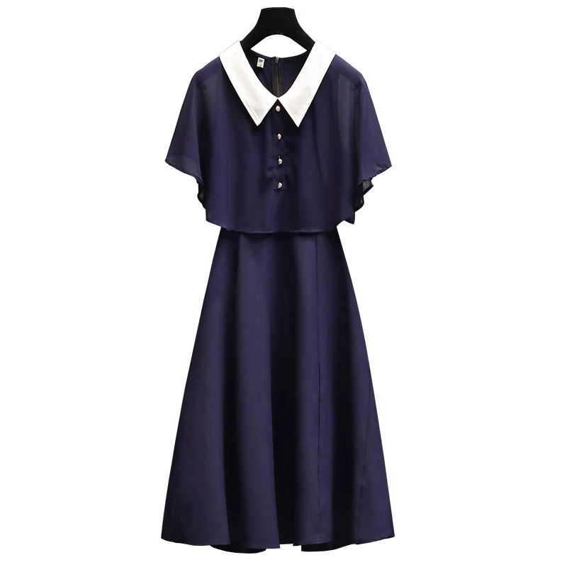 

Plus Size 4xl Women Elegant Chiffon Dress Short Sleeve Sweet Peter Pan Collar Ruff A Line Cape Dresses Women Summer Clothes