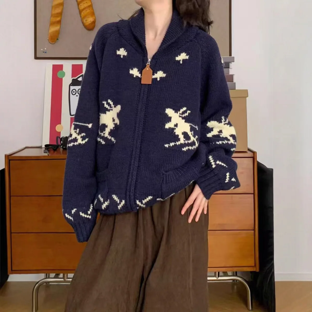 

Autumn and winter skier jacquard sweater jacket women's Korean version casual versatile simple zipper knitted cardigan top