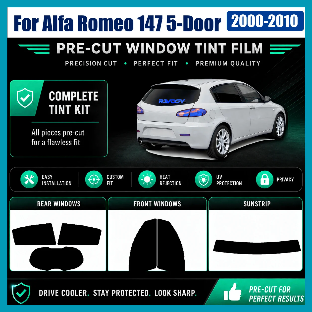 For Alfa Romeo 147 5-Door 2000-2010 Glass Tint Kit Tinted Front & Rear Window Anti-Glare Privacy Film