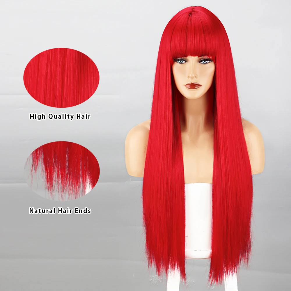 Long Straight Red Synthetic Wig With Bangs For Black Women Party Cosplay Hair Wigs Heat Resistant