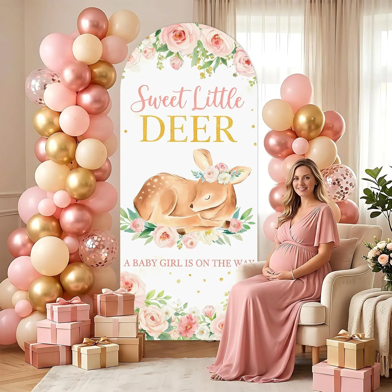Custom 2-sided Sweet Little Deer Baby Shower Party Banner Background Woodland Girl Floral Gender Reveal Arch Backdrop Cover