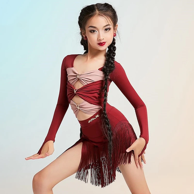 Kids Latin Outfit Meisjes Prestaties Kleding Rumba Samba Salsa Jurk Uitgesneden Rode Dans Turnpakje Fringe Lijn Dans Rok AMY2480