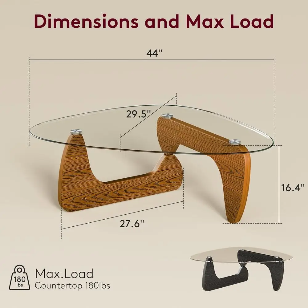 強化ガラス付きウォールナット三角コーヒーテーブル、42.5 x 28.5 x 16.1、小さなスペース向けのモダンなミニマリストデザイン
