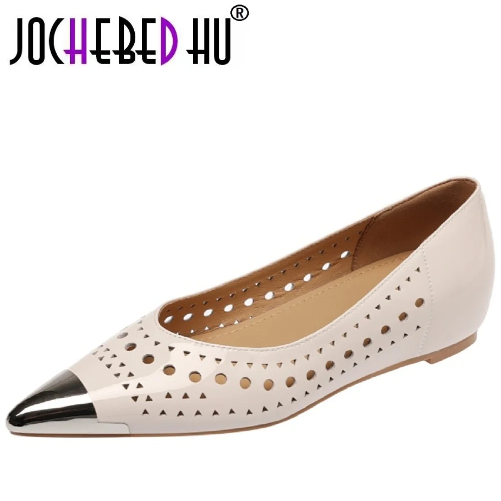 JOCHEBED HUWomen Summer Handmade Genuine Leather Breathable Hollow out Iron Head Pointed Head Hollow Comfortable Rubber 33-41
