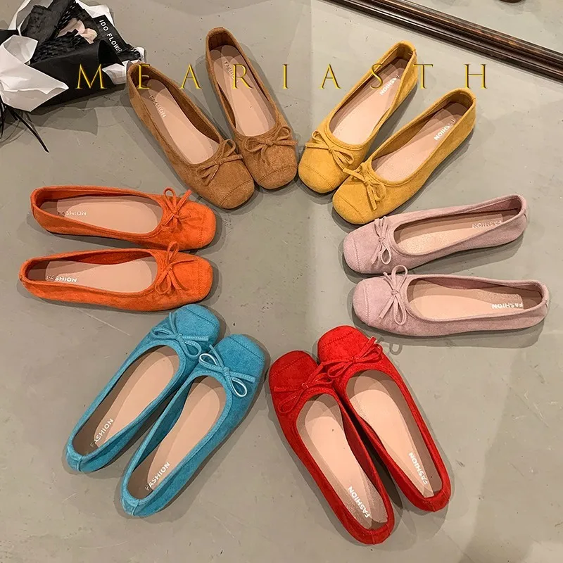 

Red Yellow Butterfly Knot Flat Head Single Shoes Women's Soft Bottom Flat Bottom Spring Summer New Korean Style round Toe Pumps