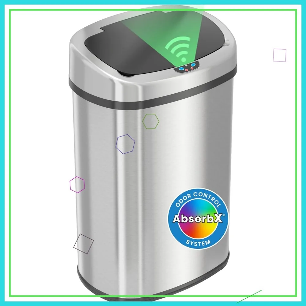

13-галлонный автоматический мусорный бак с датчиком и фильтром запаха, кухонный бак из нержавеющей стали, защита от отпечатков пальцев, без помощи рук