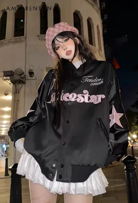 

2025 Autumn Winter New American Style Butterfly Embroidery White Baseball Jacket Korean Sweet Cool Black Padded Thickened Jacket