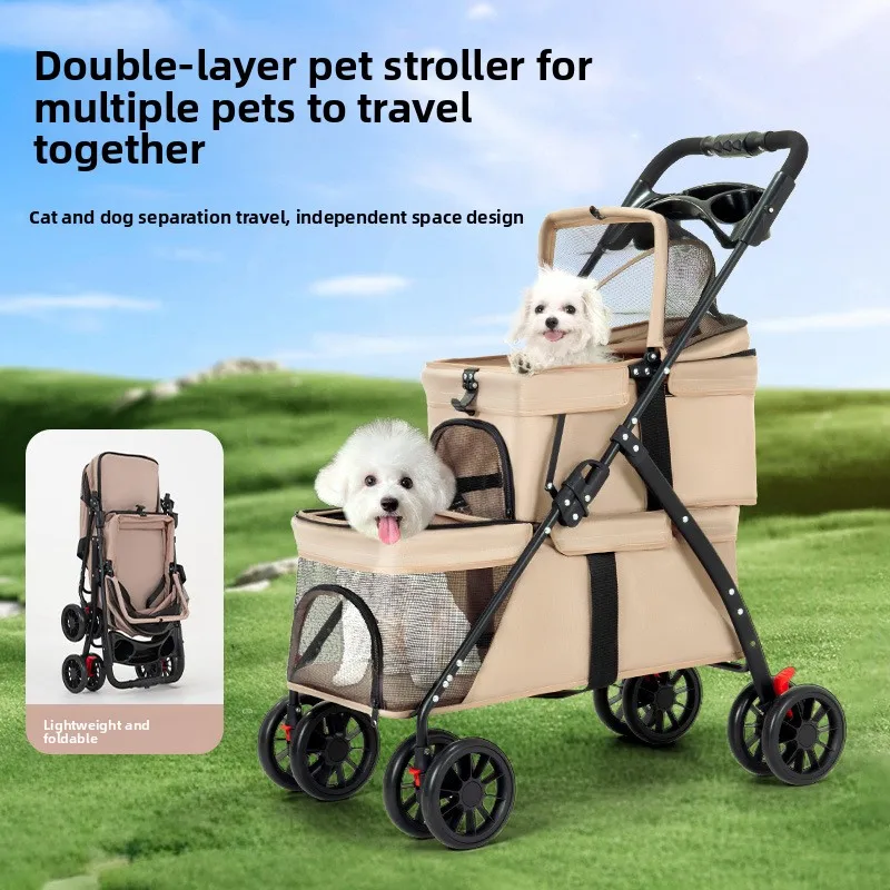 Double-decker Two-tier Foldable Lightweight Detachable Dog Cat Pet Stroller Four-Wheel Zipper Closure Outdoor Use
