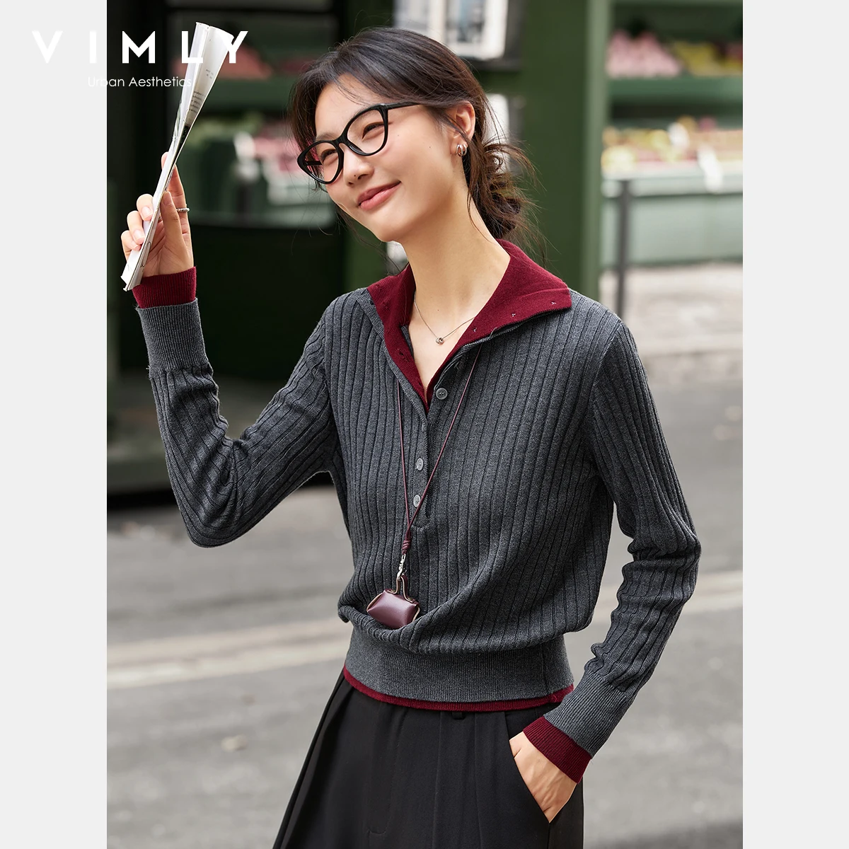 

VIMLY Women's Pullovers Knitted Patchwork 2 in 1 Elegant Ladies Sweater Autumn 2025 Turn-down Neck Strecth Female Jumpers 75063