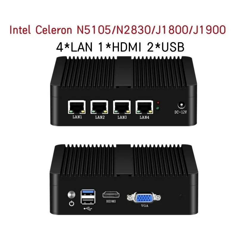 BEBEPC-Mini PC Fanless Industrial, computador HDMI Desktop, suporta Wake on LAN, Win10, 11, 4LAN, N5105, J4125, J1900, VAG