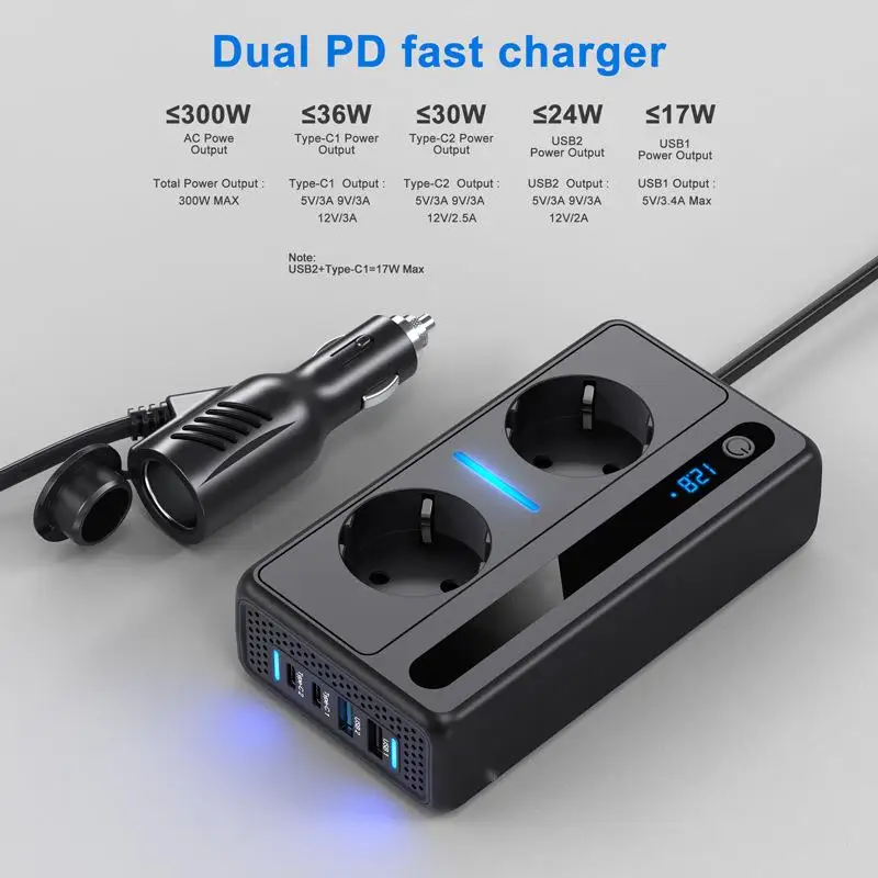 EU Type 300W Power Inverter DC 12V to 220V AC Car Inverter Dual USB Car Adapter PD Fast Car Charger for Laptop Earphones