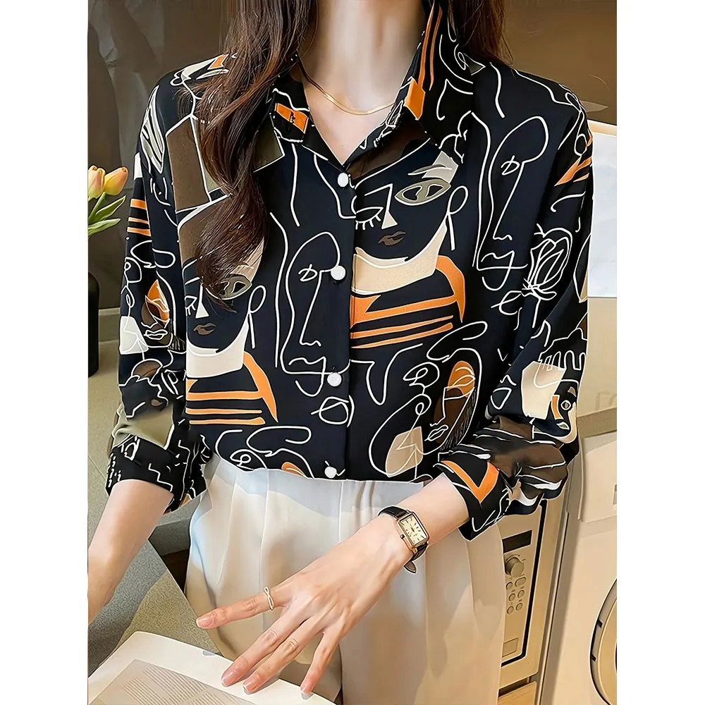 Summer Women\'S Shirt 3D Abstract Line Face Digital Print Long Sleeve Shirt Women\'S Fashion Large Size Lapel Button Down Shirt