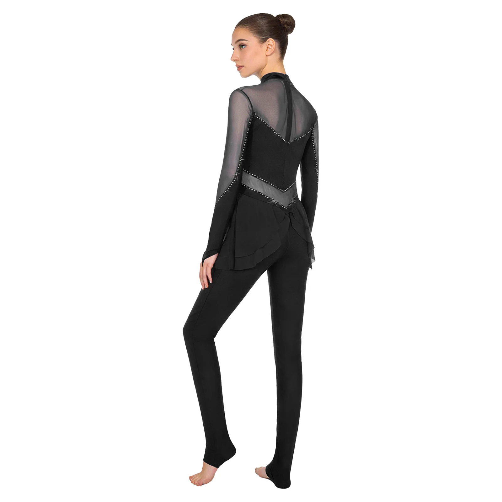Dames kunstschaats jumpsuit pure mesh patchwork glanzende strass yoga legging met lange mouwen unitard voor gymnastiek dans