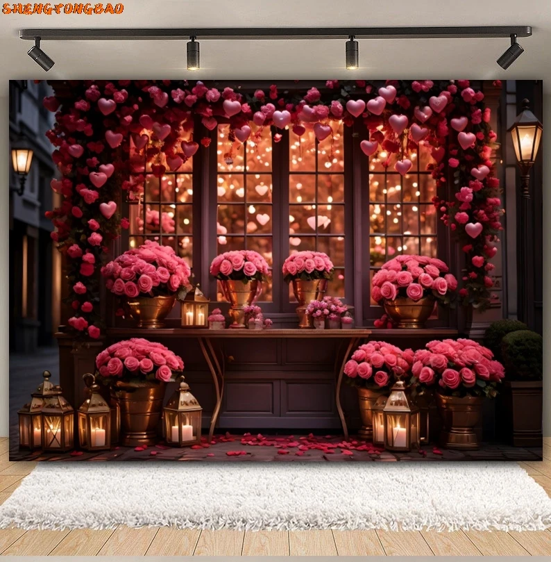 February 14 Valentine's Day Backdrop Rose Flower Store Window Red Love Heart Romantic Valentine Wedding Photography Background