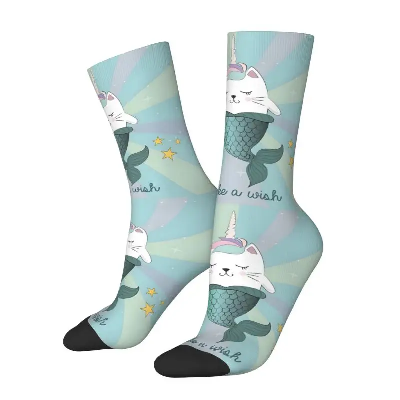 Custom Cute Unicorn Mermaid Cat Panel Blue Men Women Crew Socks Unisex Funny Spring Summer Autumn Winter Dress Socks