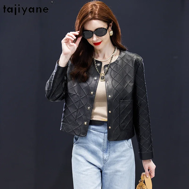 

Tajiyane High Quality Real Sheepskin Coats for Women 2023 Short O-neck Genuine Leather Jacket Chic Black Leather Jackets Abrigos