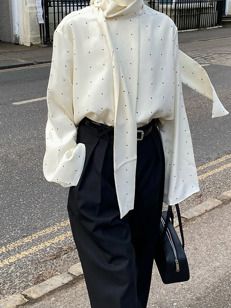 White Polka Dot Scarf Neck Blouse Women Elegant Long Sleeve Loose Basic Shirt 2026 Spring Casual Street Commute Women's Clothing